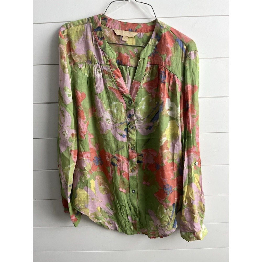 Hope And‎ Harlow Top Blouse Small Floral Button Tie Roll Tab Sleeve 0507